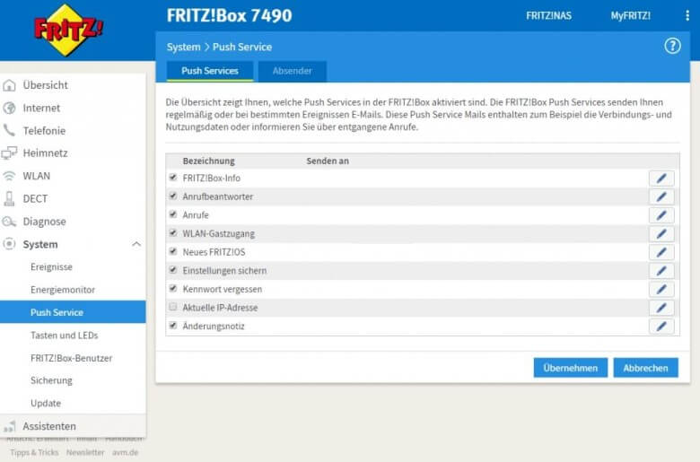 FritzBox Passwort vergessen: Push Services einrichten