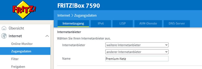 FritzBox Glasfaser: Benutzeroberfläche der FritzBox