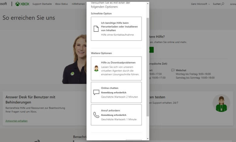Xbos Support: Weitere Kontaktmöglichkeiten werden Dir angezeigt